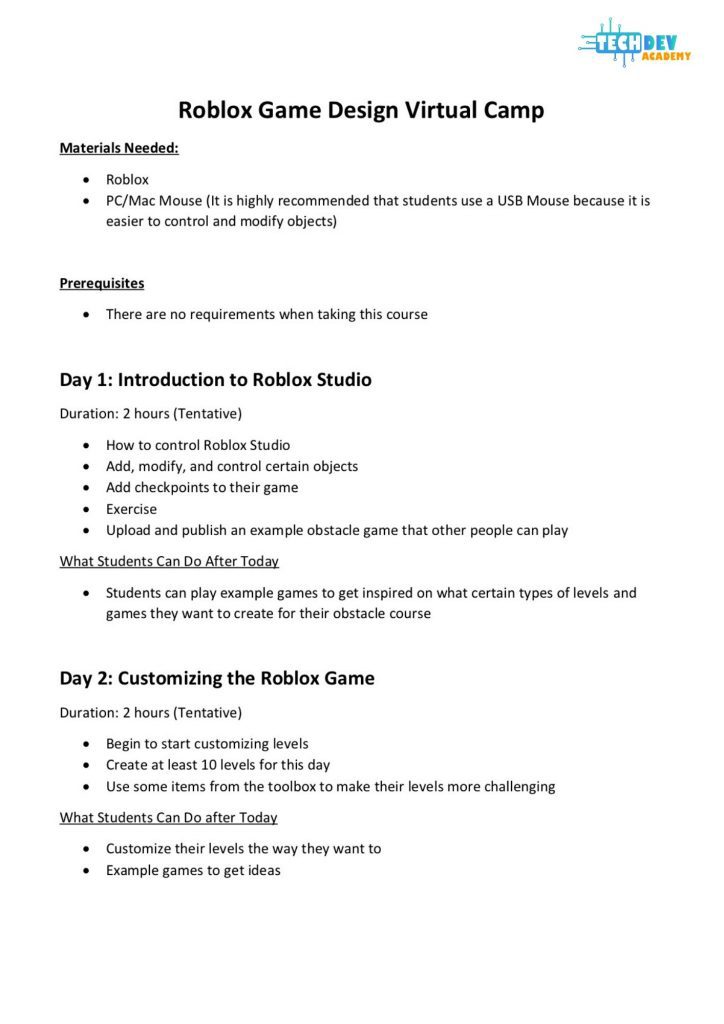 Roblox Game Design Virtual Camp Syllabus Techdev Academy - how to upload a roblox game